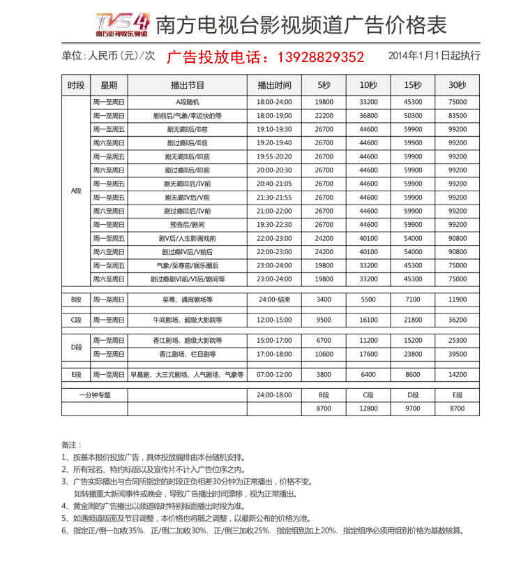 2014南方影视（TVS-4）频道最新刊例价 